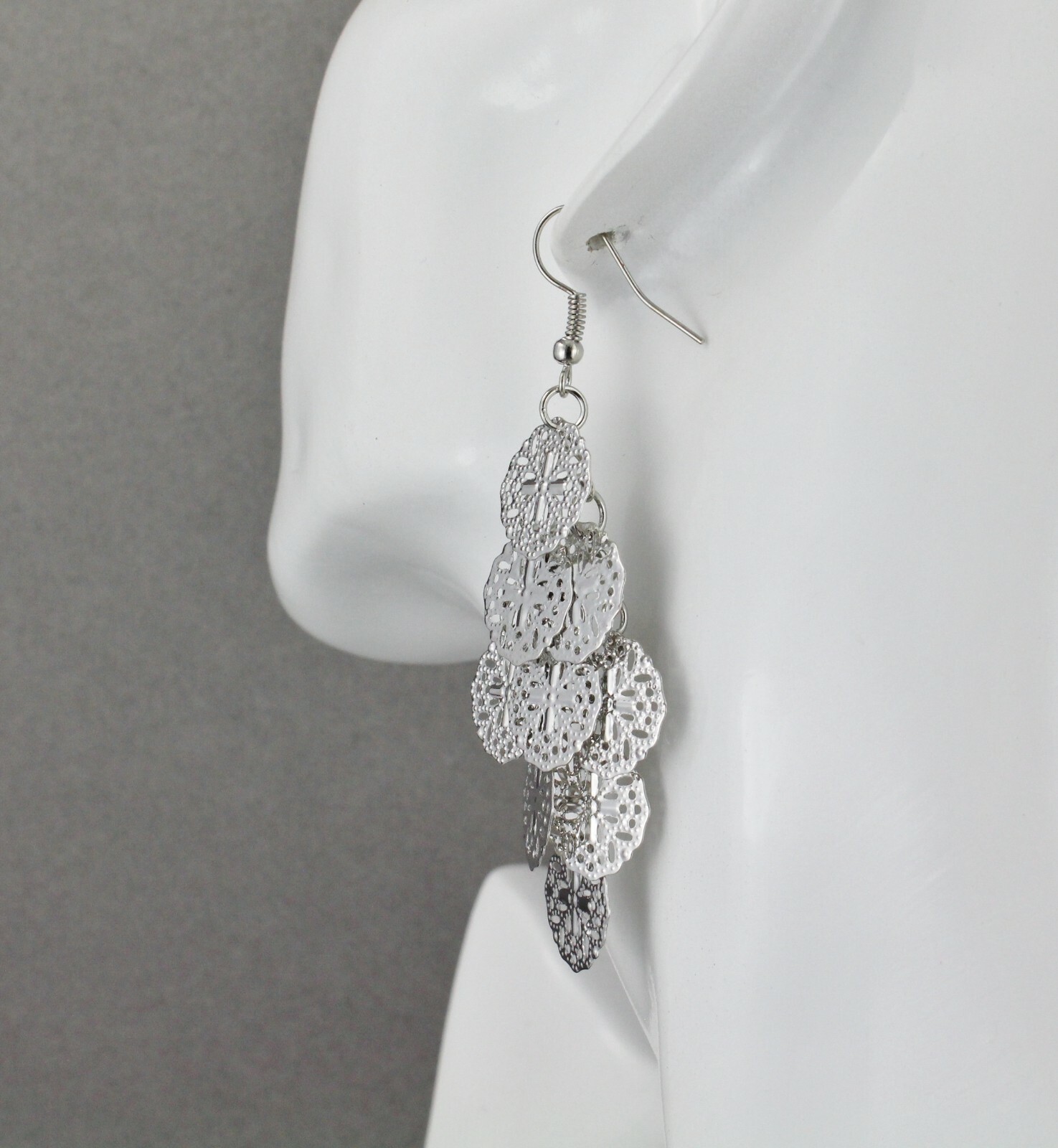 Silver chandelier earrings filigree dangle pendant wiggly 3″ long lightweight