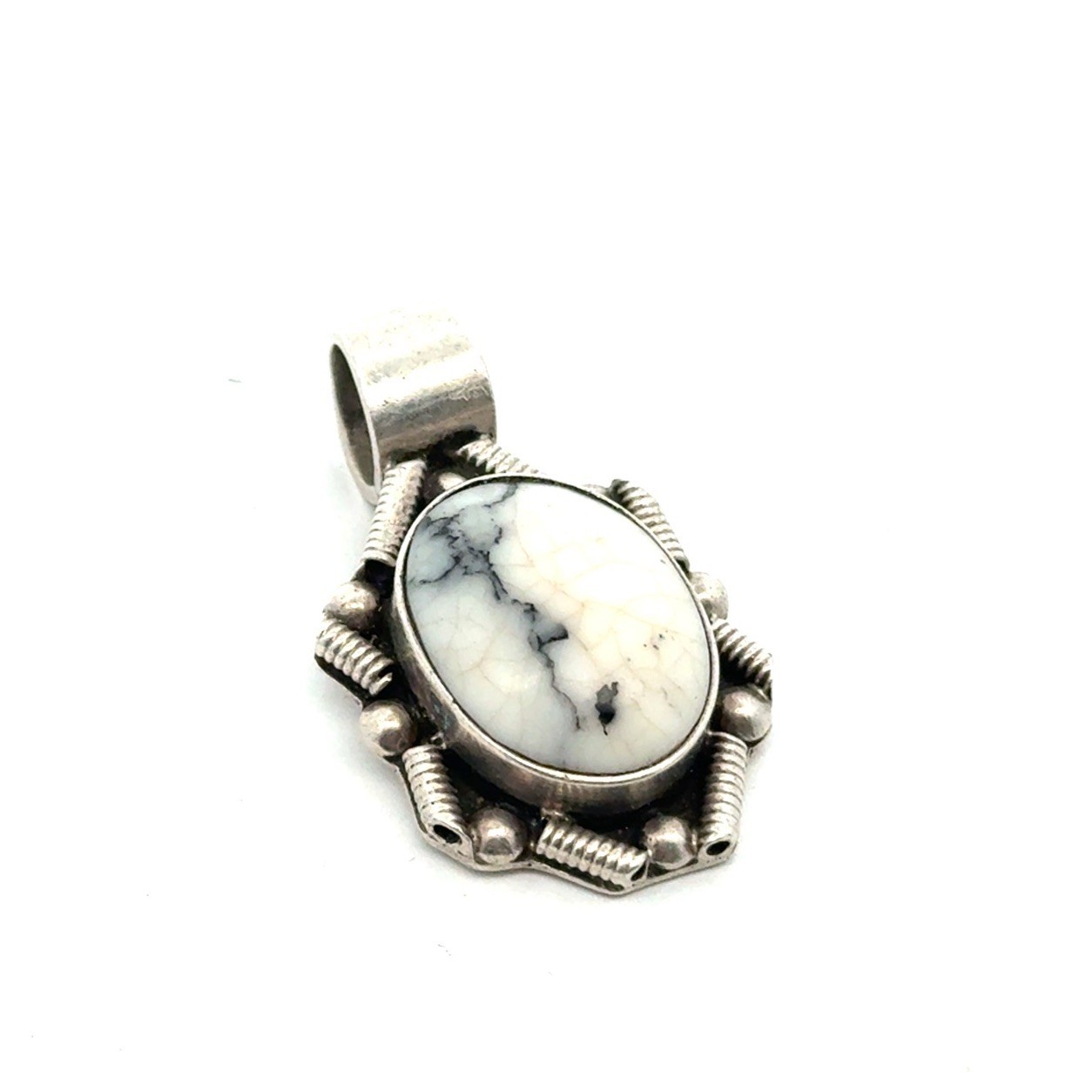 Mexico 925 Sterling Silver Oval White Buffalo Pendant, 13.0g
