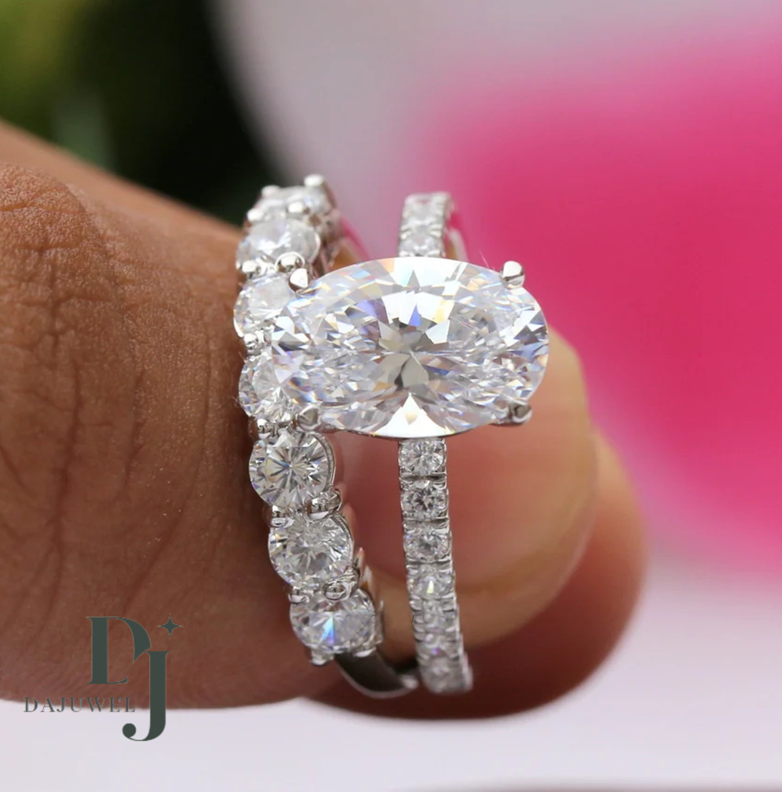 Moissanite Bridal Set Engagement Ring Solid 14K White Gold 3 Carat Oval Cut VVS1