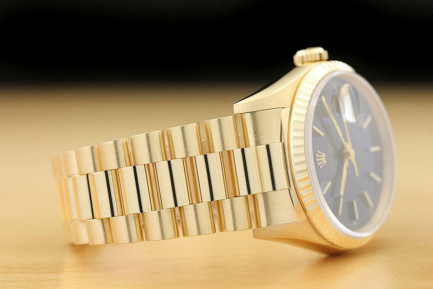 ROLEX MENS PRESIDENT DAY-DATE BLUE DIAL 18K YELLOW GOLD DOUBLE QUICKSET WATCH