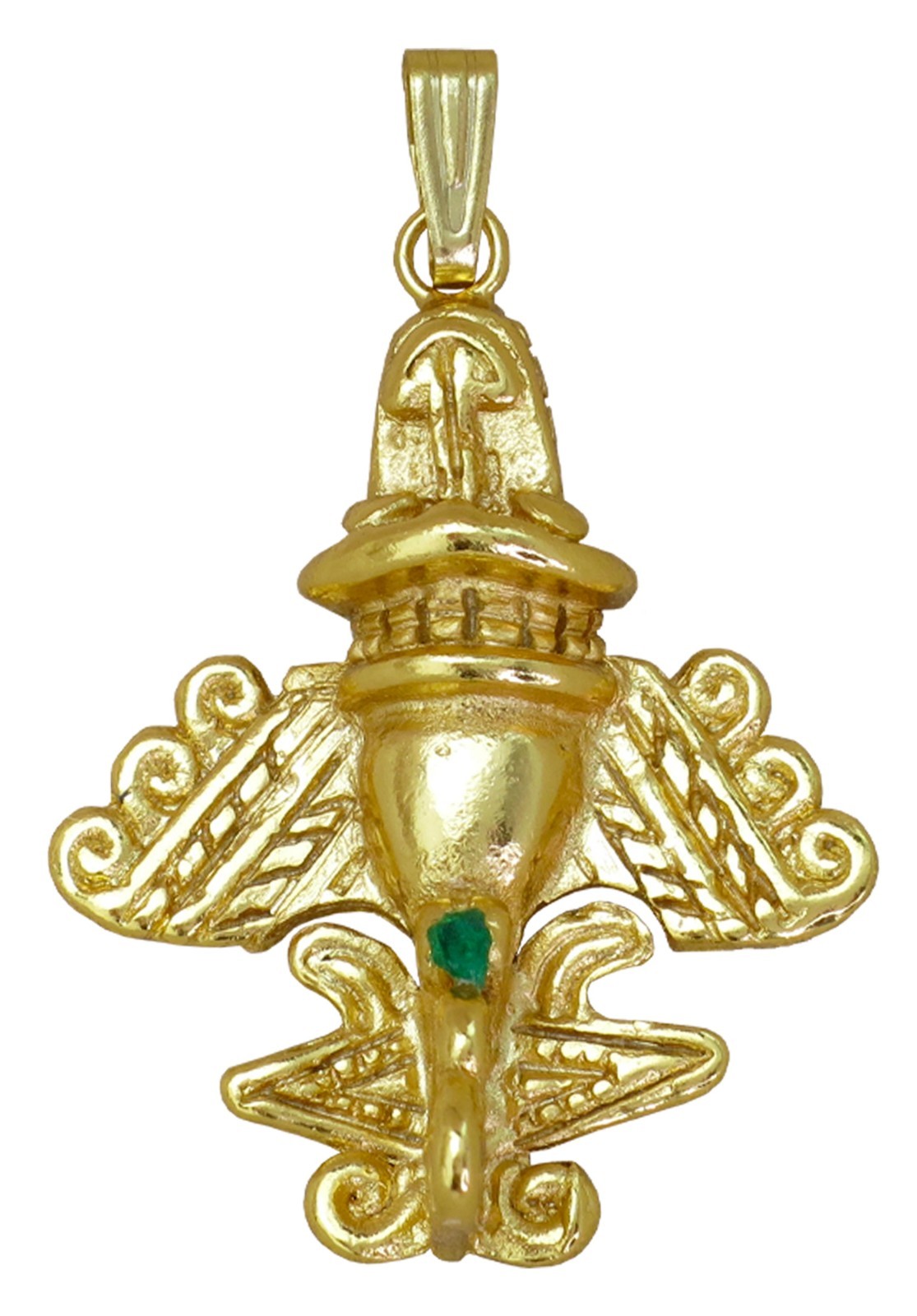 Quimbaya Flyer #4 24k GP Pendant Necklace with Genuine Raw Colombian Emerald