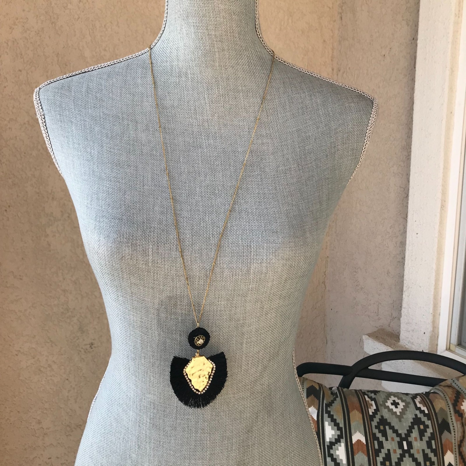 Anthropologie Boho Jewelry Long Statement Necklace Hammered Gold Black Fringe
