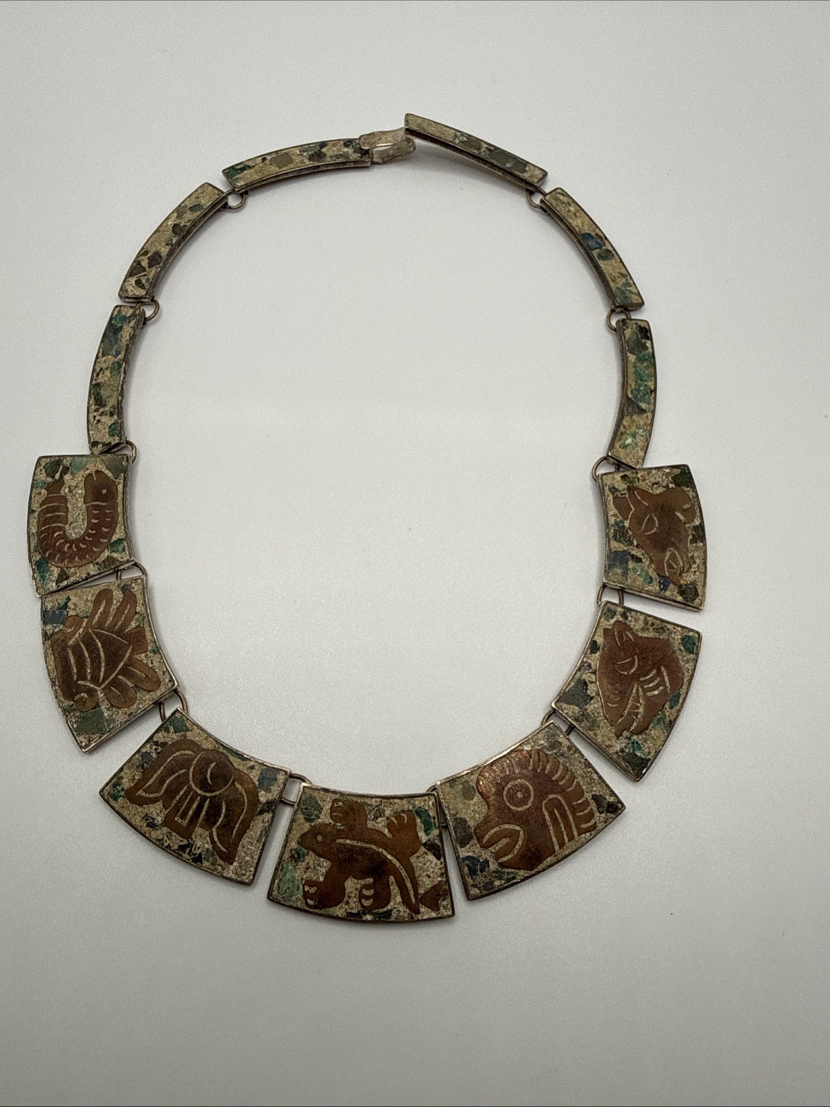 VTG HECHO EN MEXICO 925 STERLING MIXED STONES AZTEC NECKLACE.56.8 GRAMS.SIGN DH?