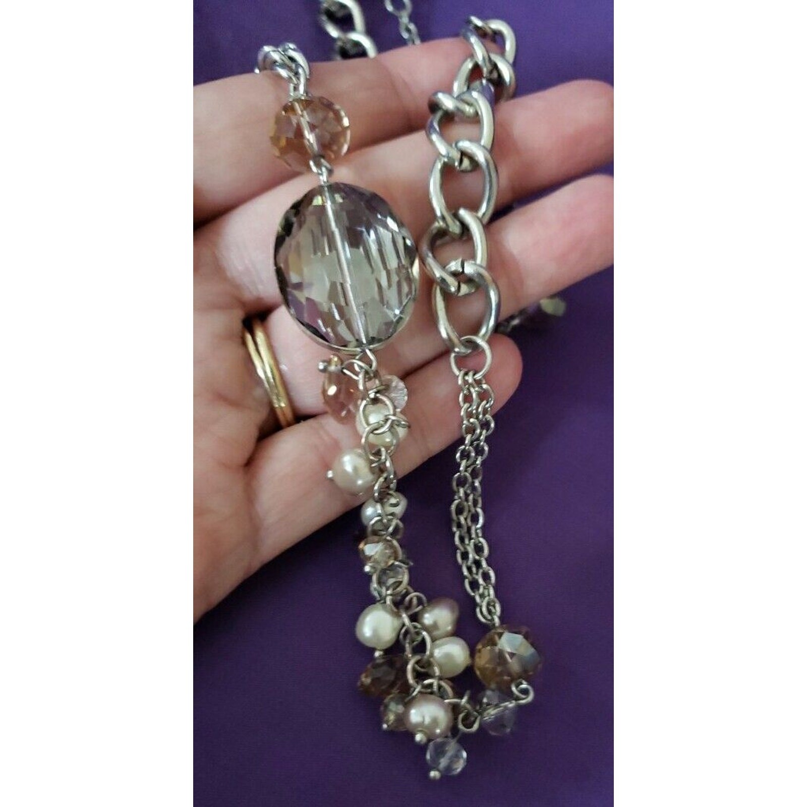 Long Silver Tone Glass Crystal Asymmetrical Necklace, Faux Pearl & Bead Baubles