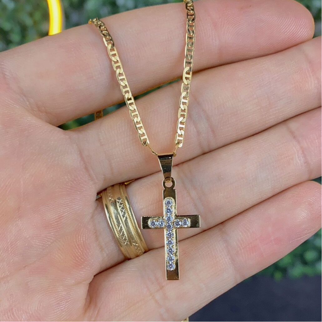 CZ Cross Pendant Necklace for Womens Girls Boys Mens Kids Mariner Link Chain