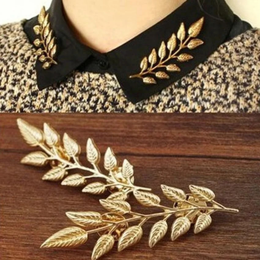 Gentlemen Gold Silver Leaf Brooches Simple Elegant Retro Double Leaf Collar Pin