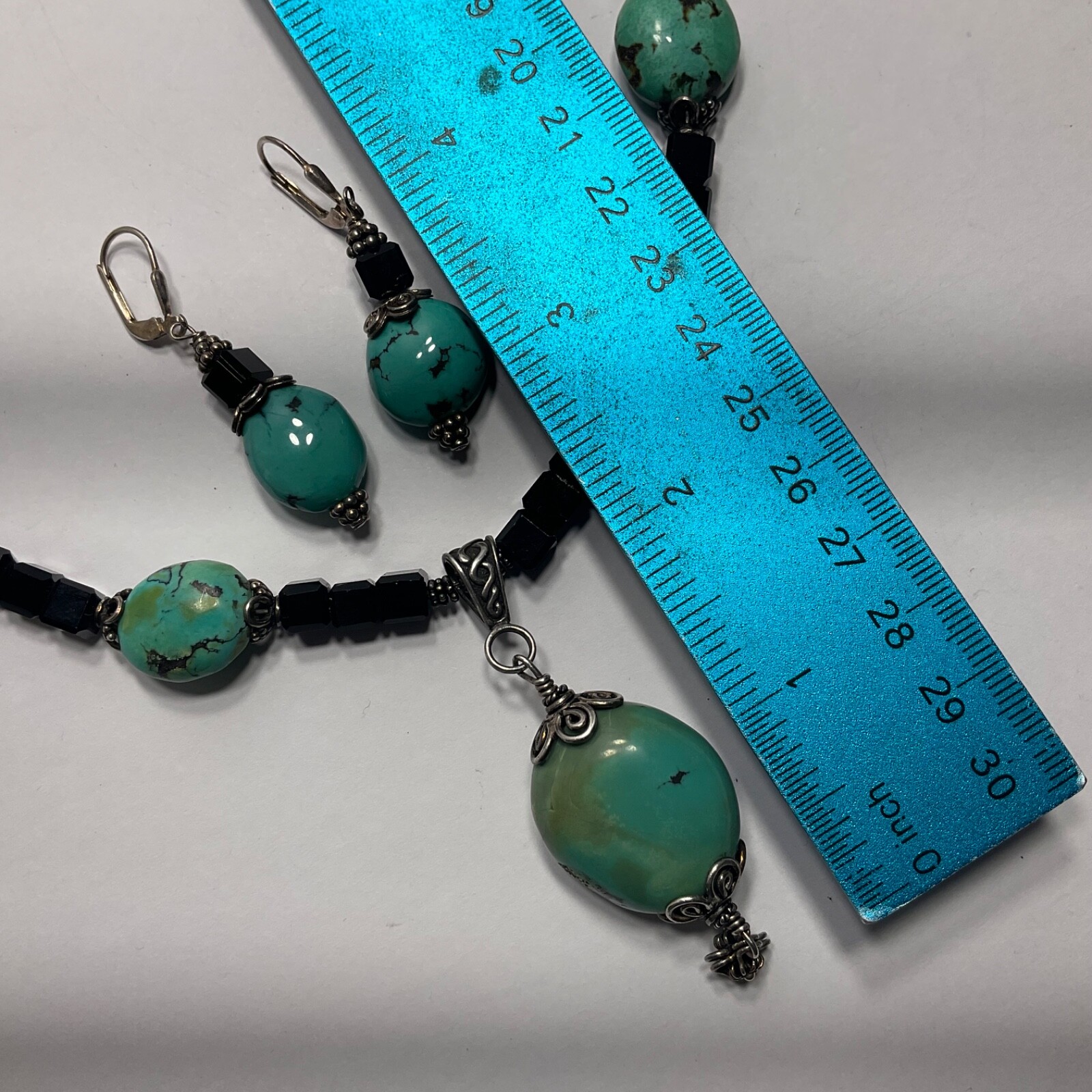 Vtg Genuine Turquoise Black Glass Beaded & Drop Pendant Necklace Earring Set 925