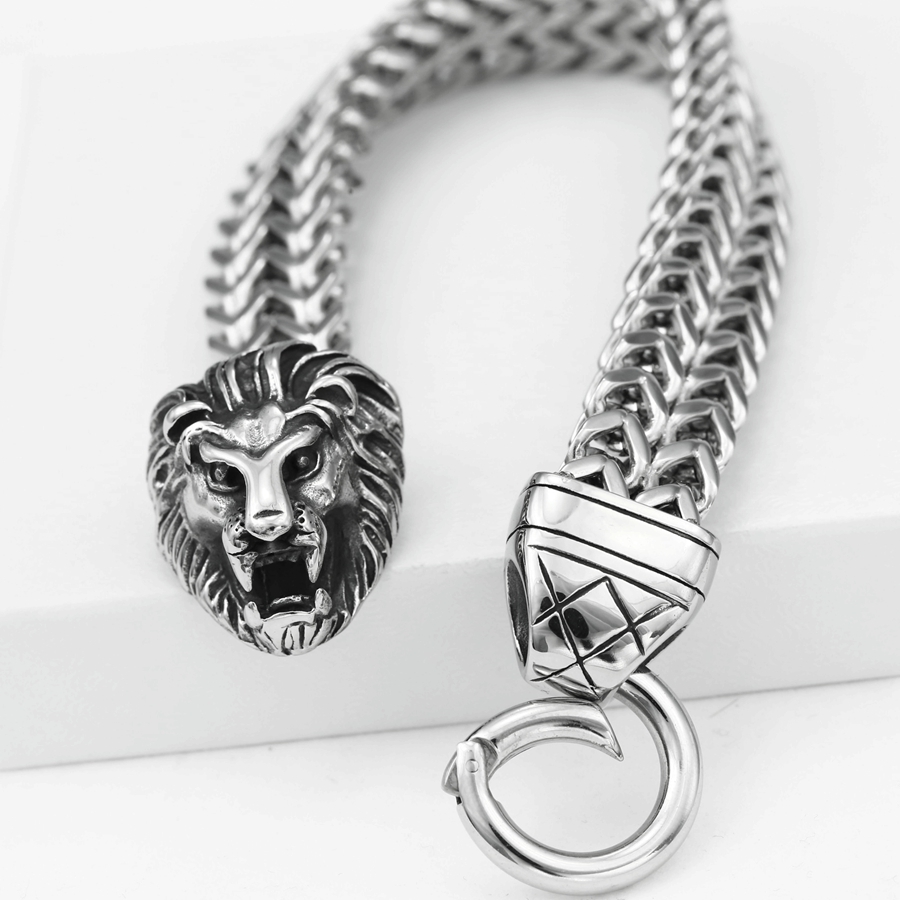 Men’s 8.5″ Silver.Stainless-Steel,LION-Head.Width Franco Bracelet + Box