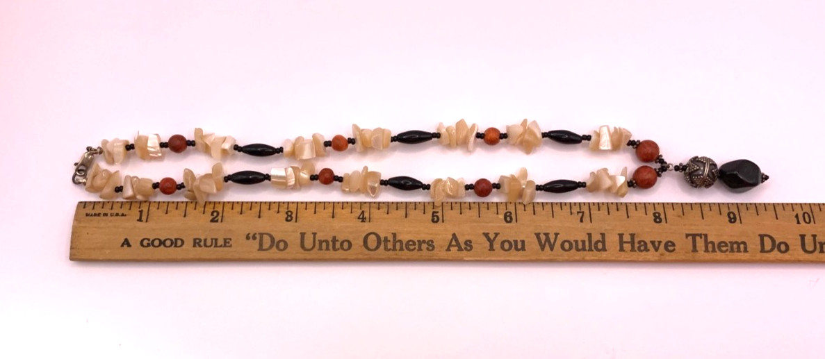 Mother of Pearl Black Onyx Coral Vintage Bead Necklace J866