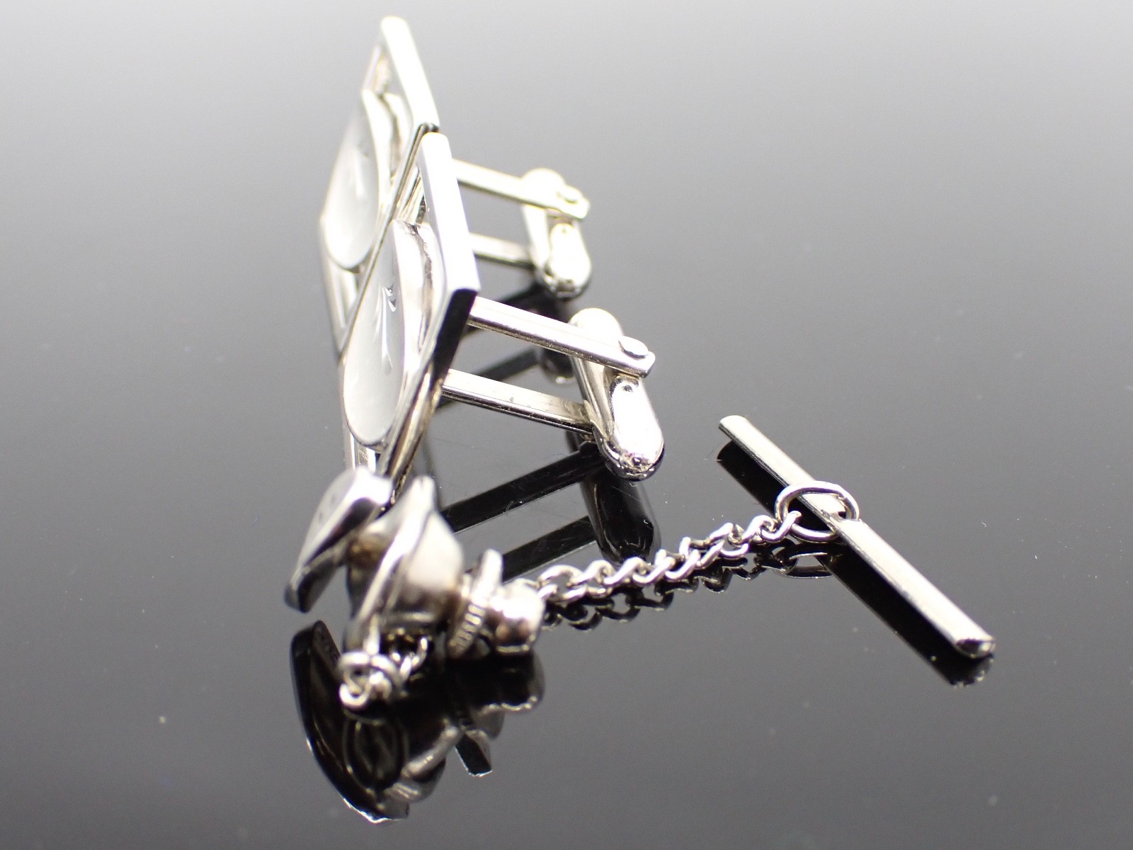 Vintage Swank Silver Tone Cufflinks Tie Tack Set Etched Oval Mid Century Modern