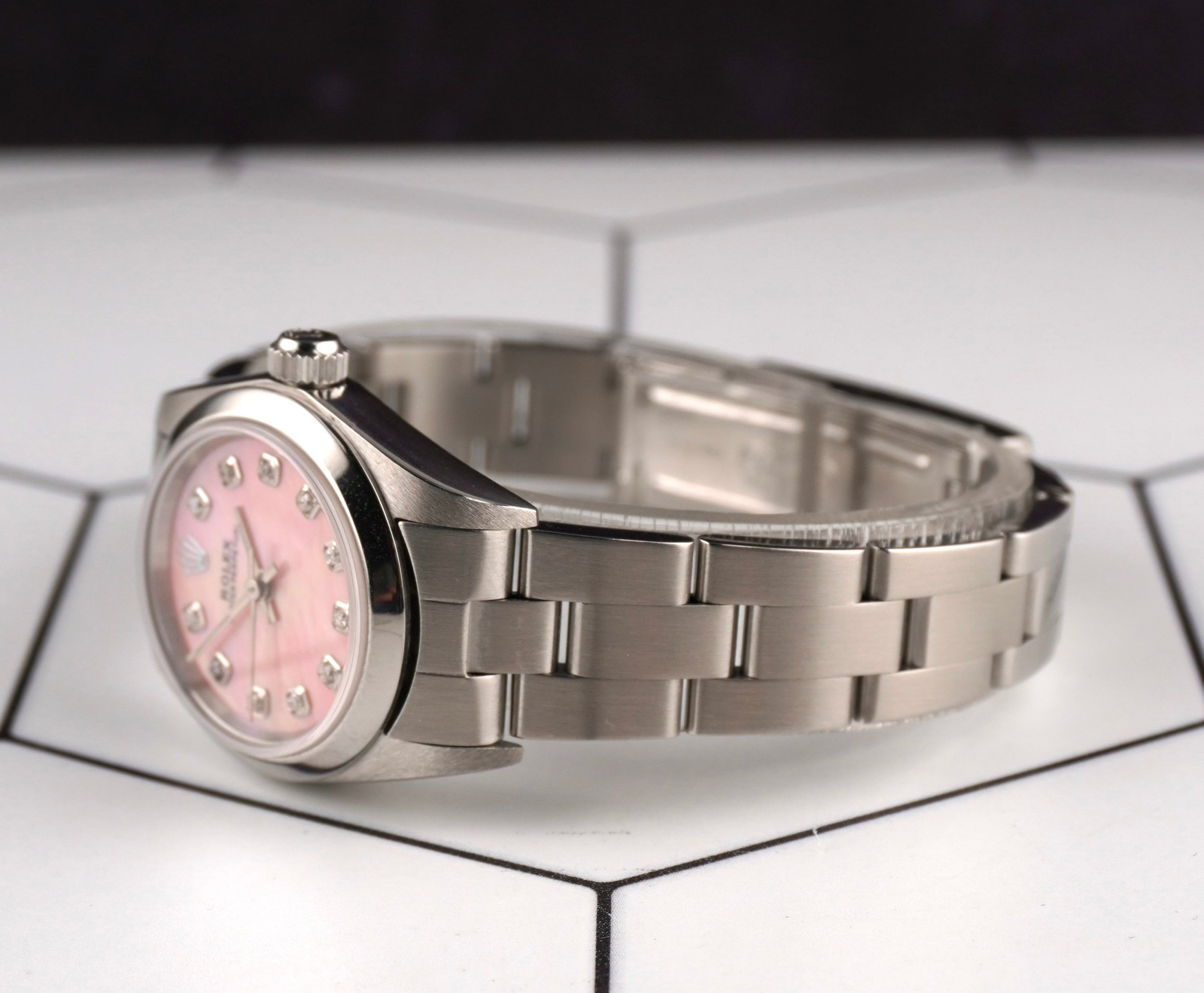 Rolex Oyster Perpetual 25mm Steel Pink MOP Diamond Smooth Oyster Watch 67180