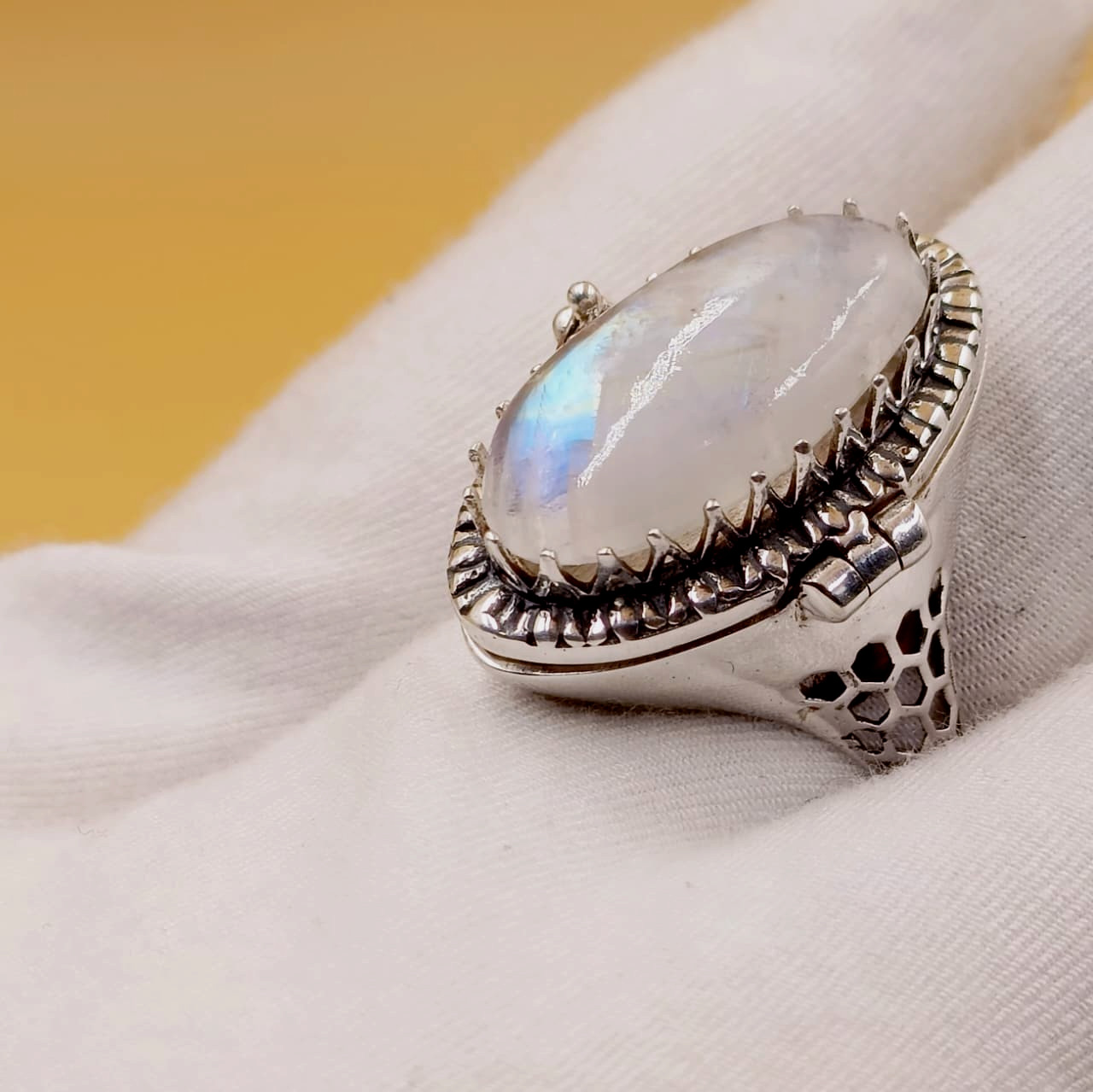 Handmade Natural Moonstone Poison Ring in 925 Sterling Silver Box Ring Design