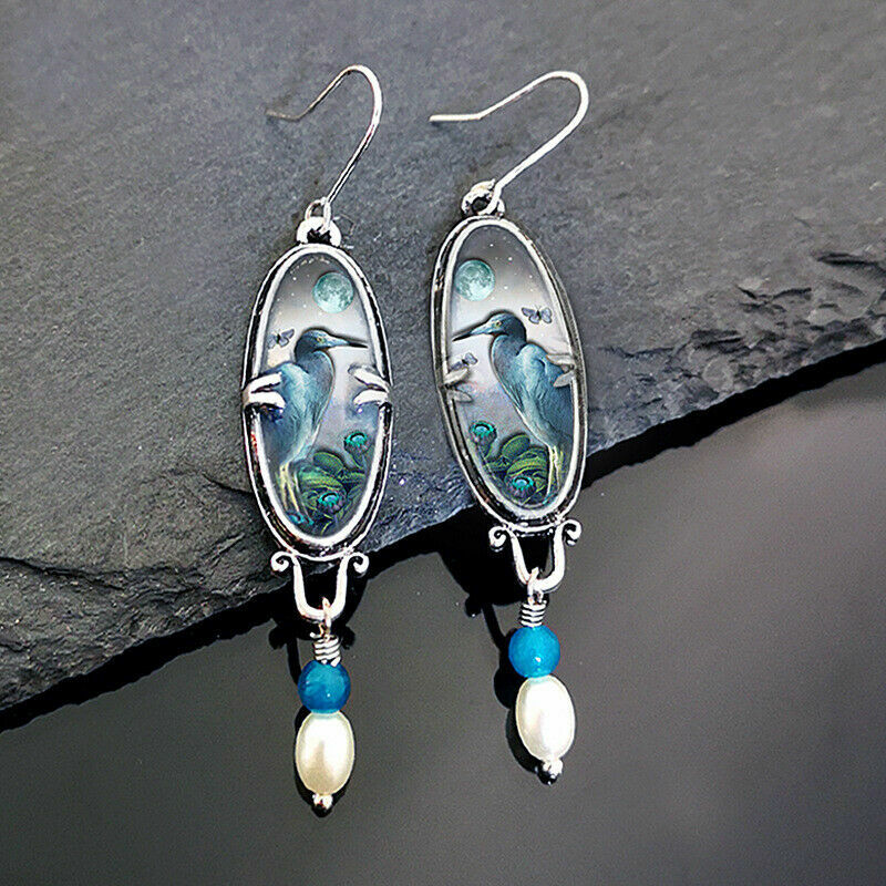 Unique New Silver Plated Bird & Bead Hook Dangle Drop Earrings