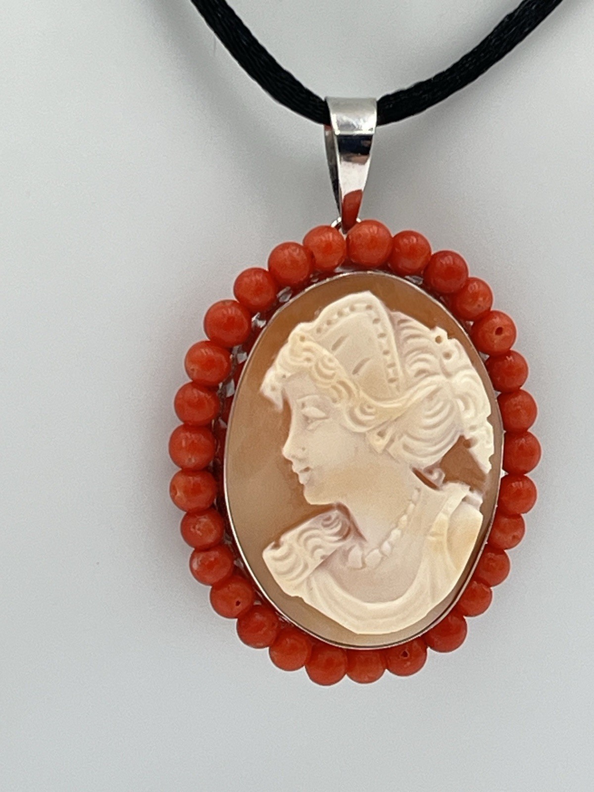 Cameo Corniola Shell Pendant 30mm Silver 925 Red Coral Handmade