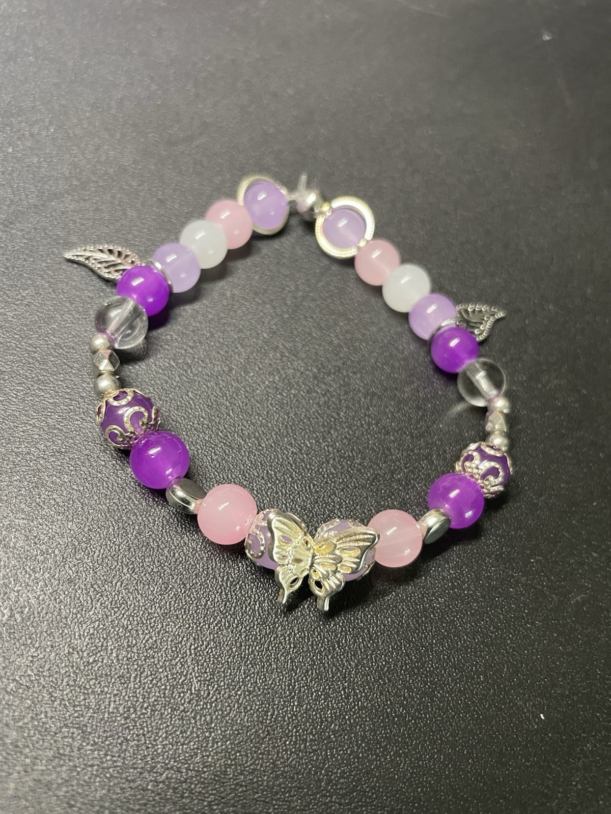 Purple Pink Beaded Charm Bracelet Butterfly Dangle Charms Round Beads