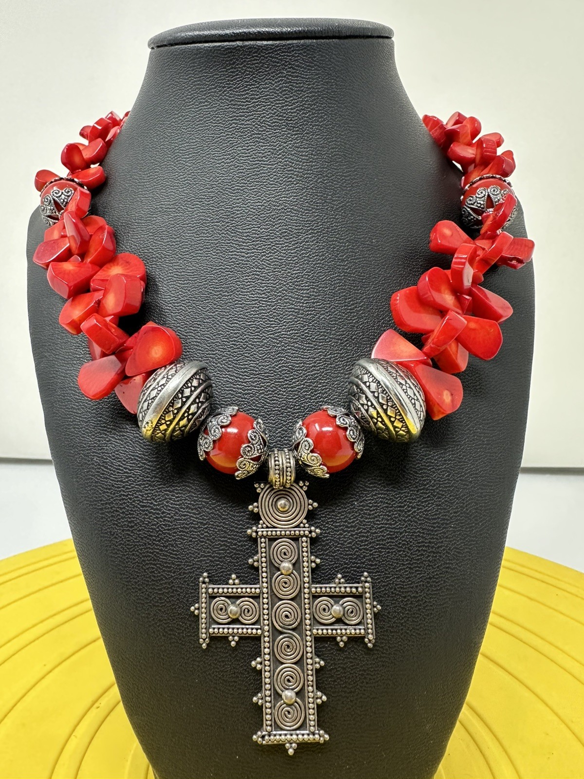 Sterling Silver Cross On A Red Coral Bead Necklace 114 Grams 17 Inch