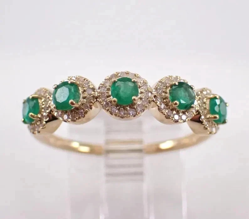 2.20 Ct Round Cut Natural Emerald & Diamond Wedding Ring 14K Yellow Gold
