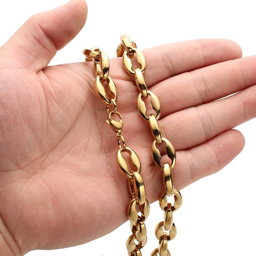 Women Men 6.5/7.5/10/12mm Gold Tone Stainless Steel Coffee Beads Chain Necklace