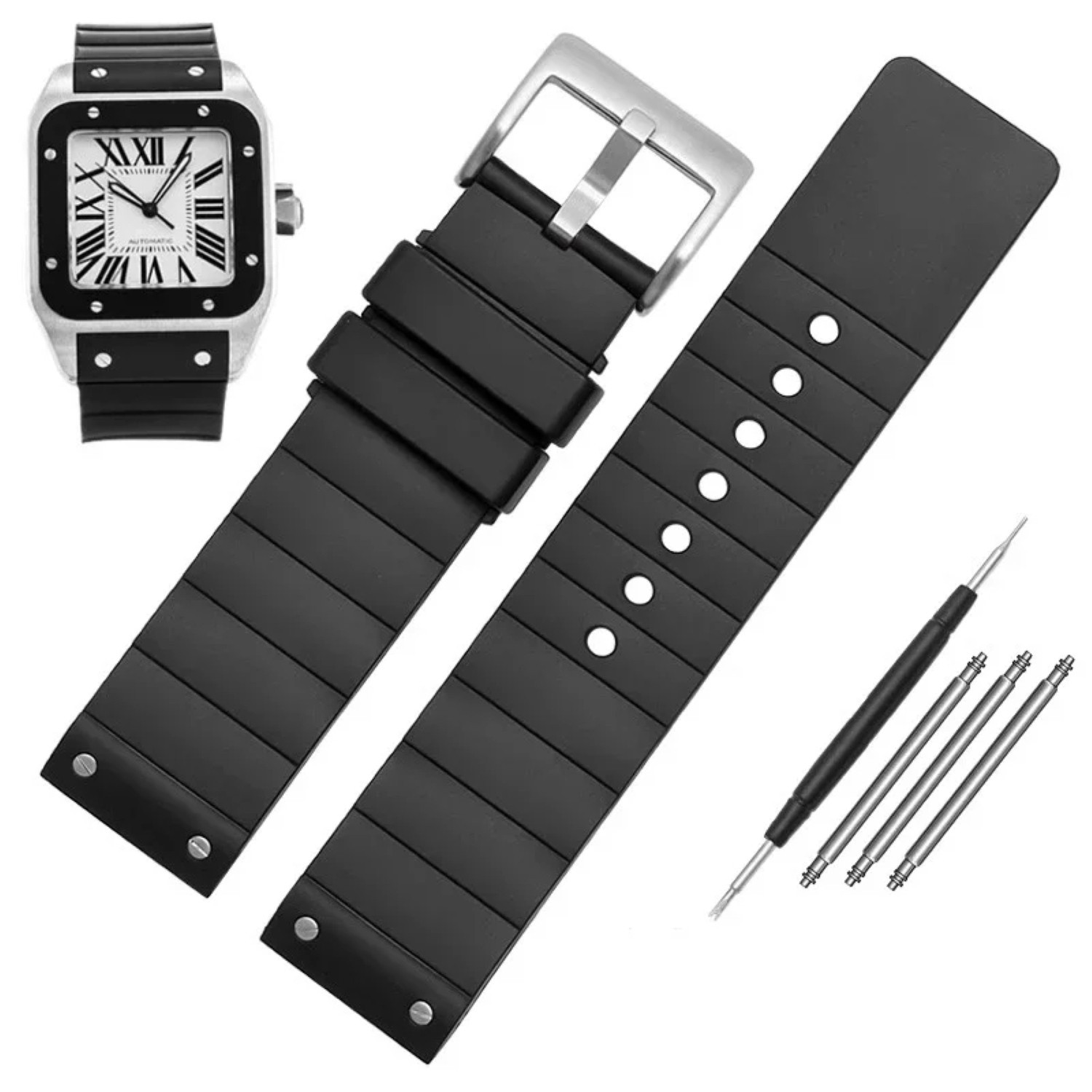 23mm Watchband For Cartier Santos 100 Rubber Band Black Rivet Silicone Strap