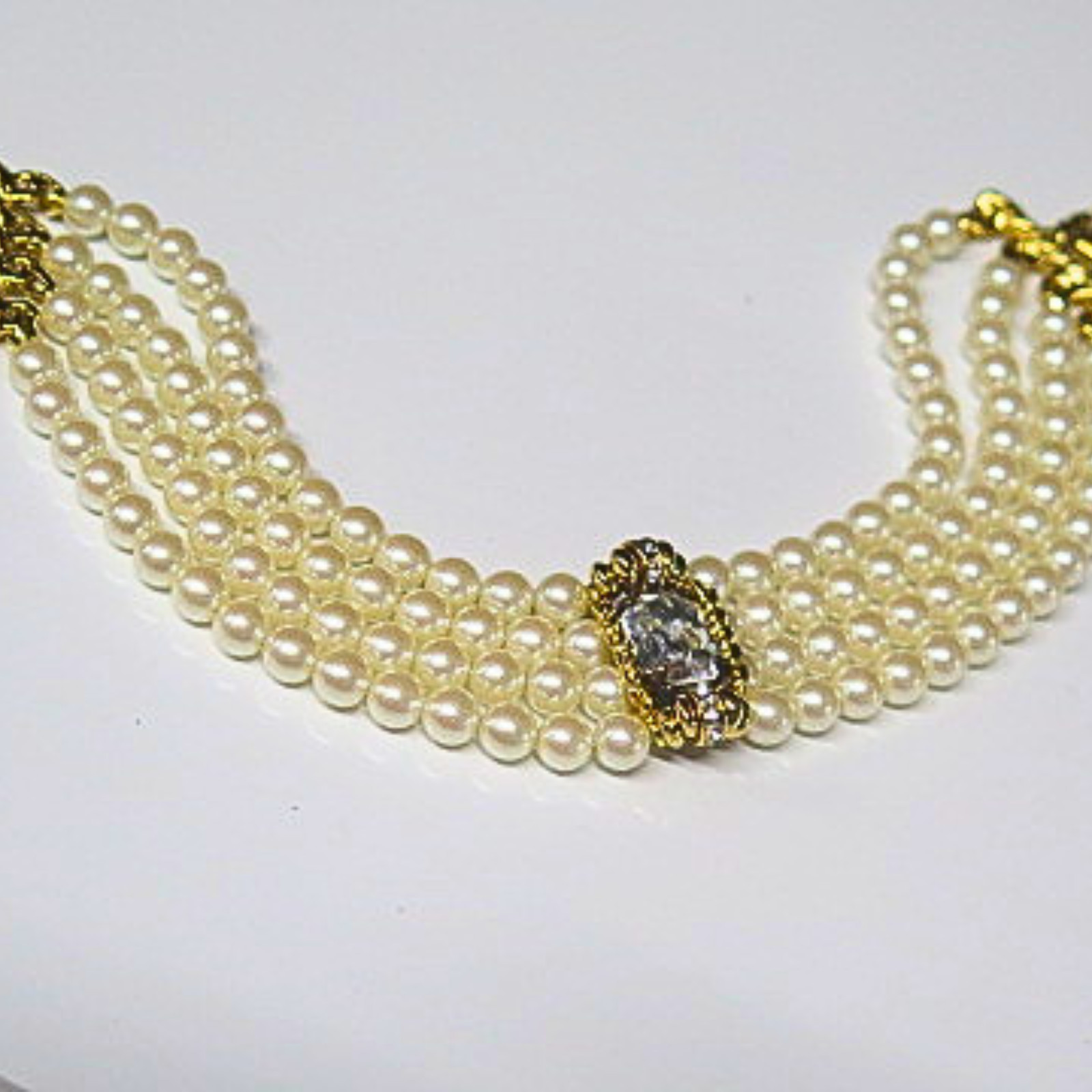 Vintage 4 Strand Faux Pearl Bracelet Gold Tone Crystal Accent Estate 7.5″