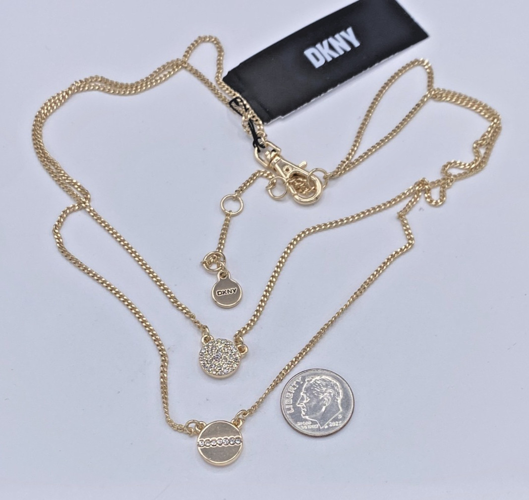 DKNY Gold Tone Crystal Pave Pendant Two Row Necklace 16″ + 3″ ext. NWT Gift Box