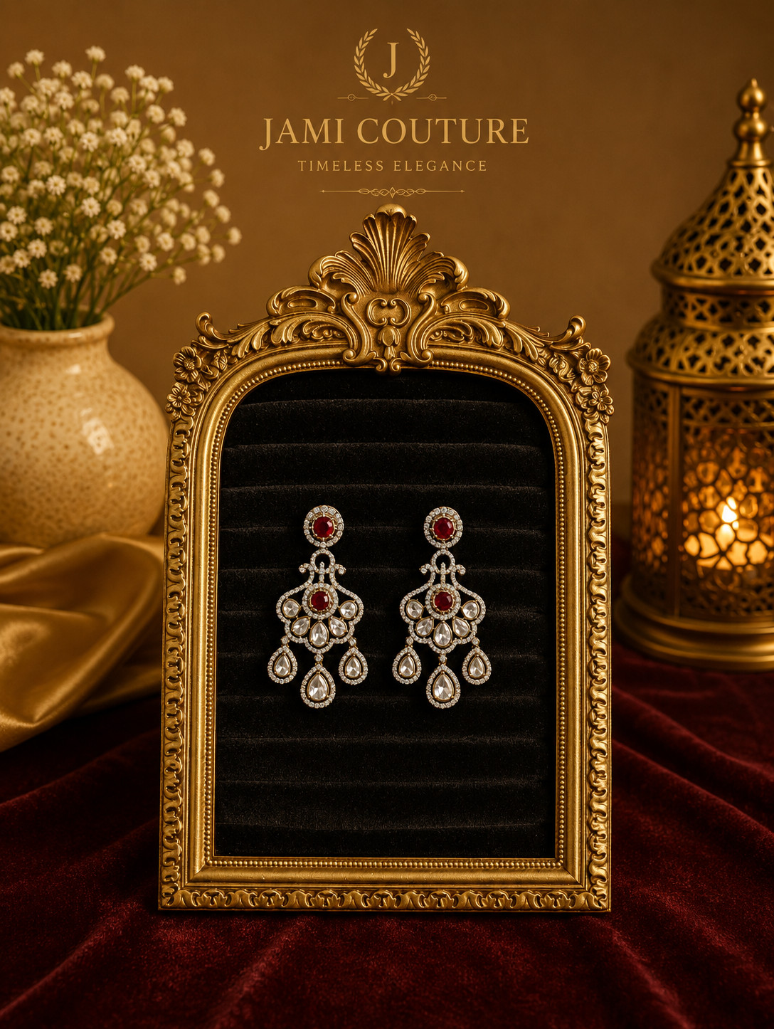 Indian Kundan Earrings AD CZ Ruby Red White Stone Chandelier Drop Bridal Wedding