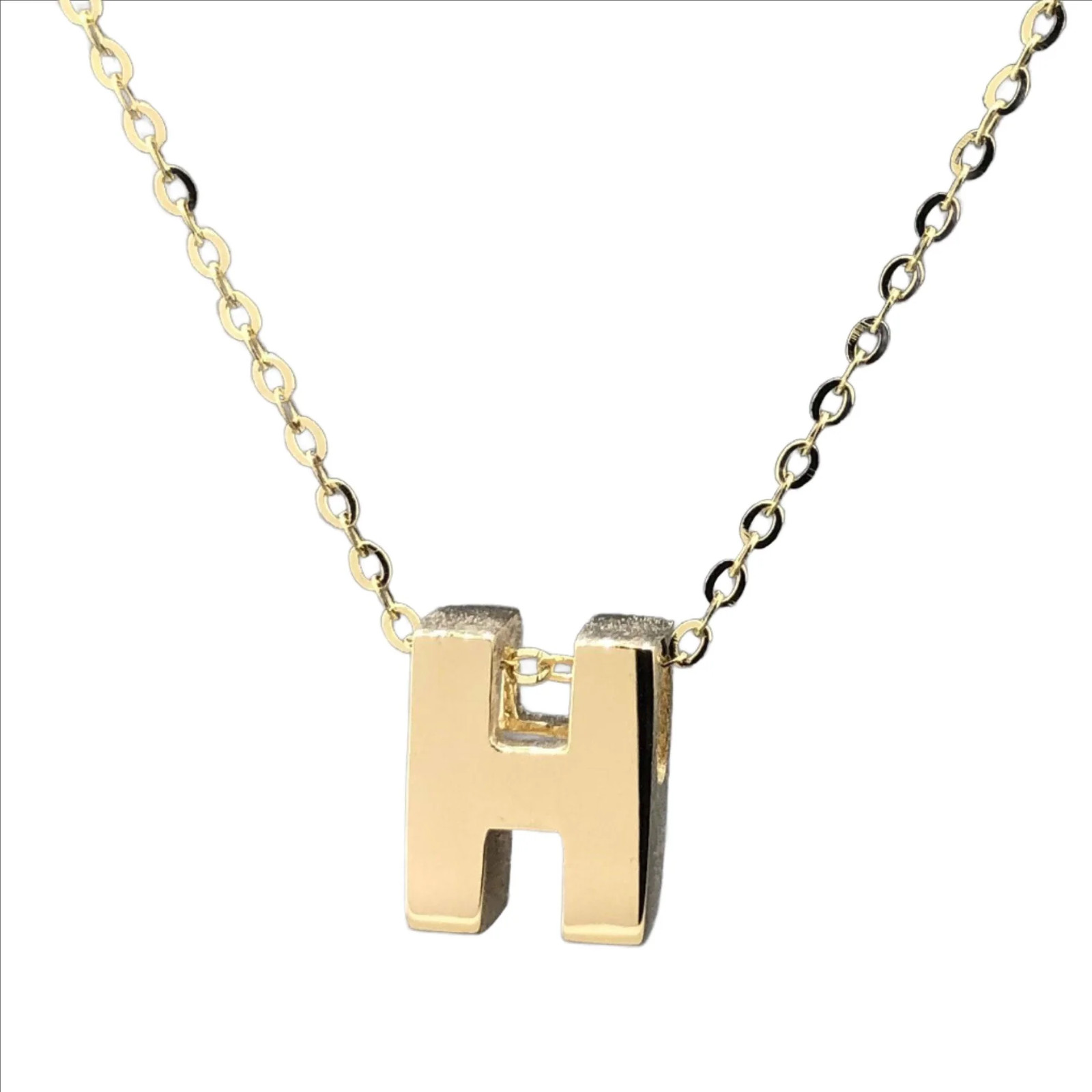 14K Yellow Gold initial ‘H’ pendant on a 16″ chain with a 2″ extender
