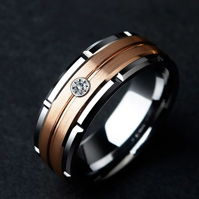 Rose Gold Tone Ring Zircon Stones Hollow Carved Band Engagement Women Jewelry