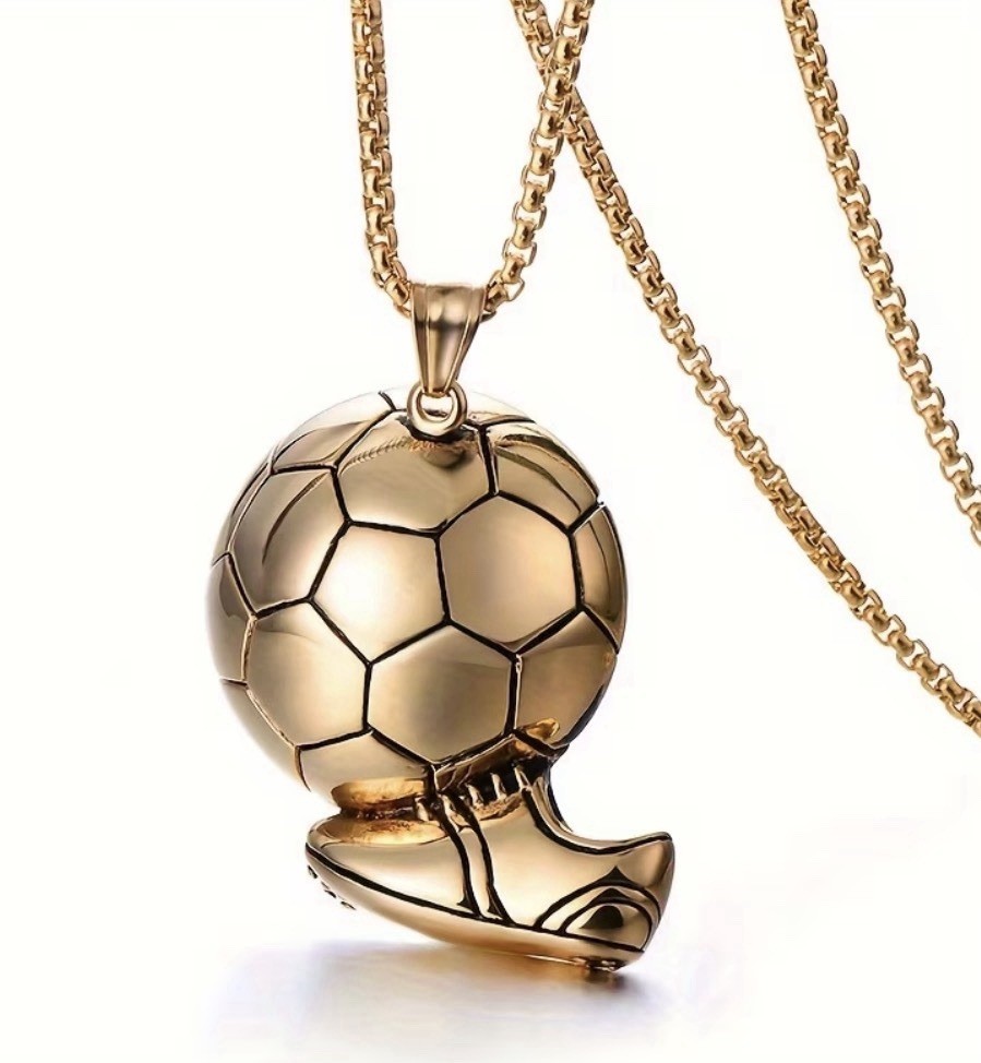 Men’s Soccer Ball Shoe Pendant Necklace Gold Silver Tone Round Link 23.62 in