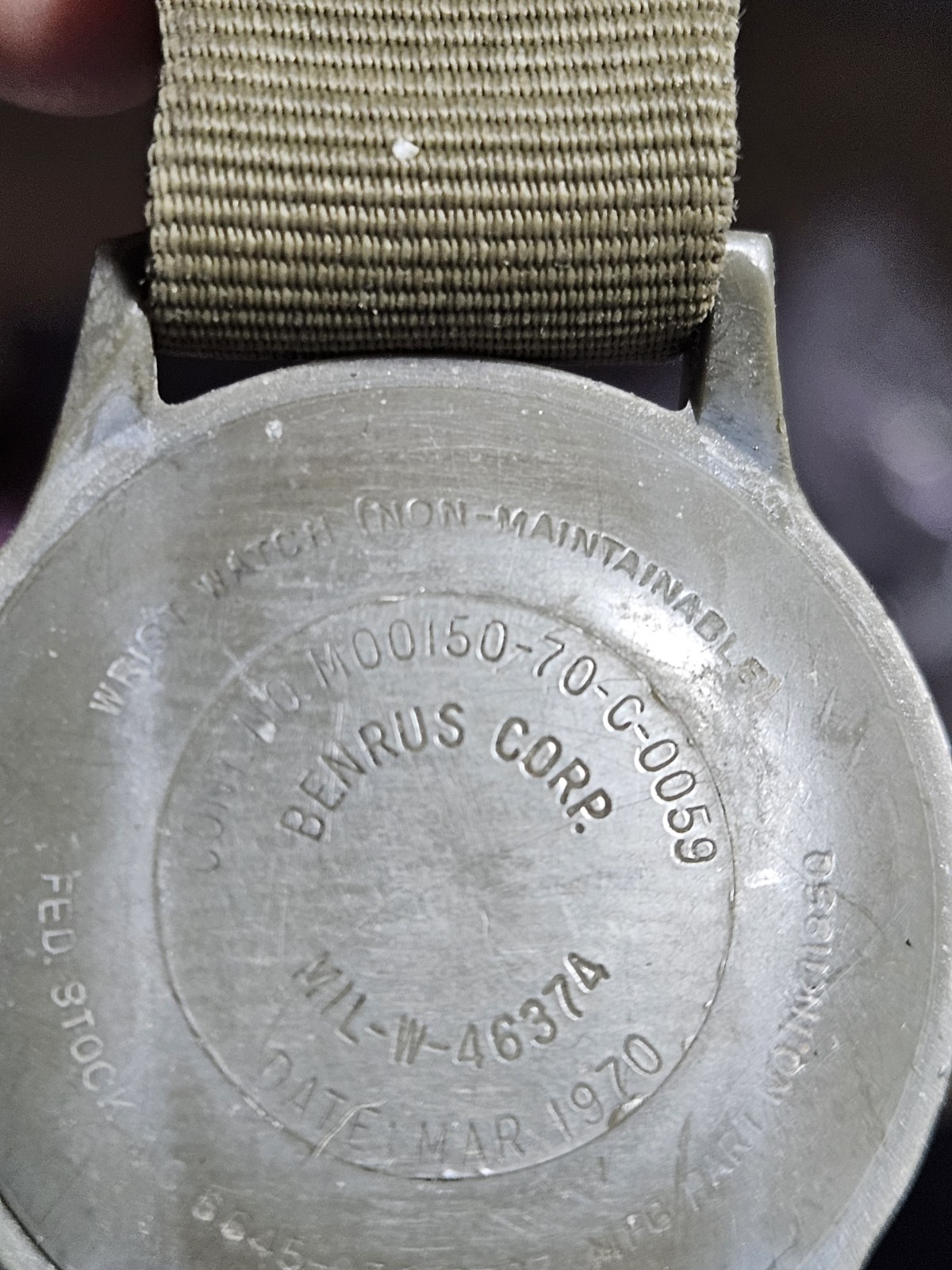 Vtg MAR 1970 Benrus Corp MIL-W-46374 Military Watch Vietnam War Orig Strap Works