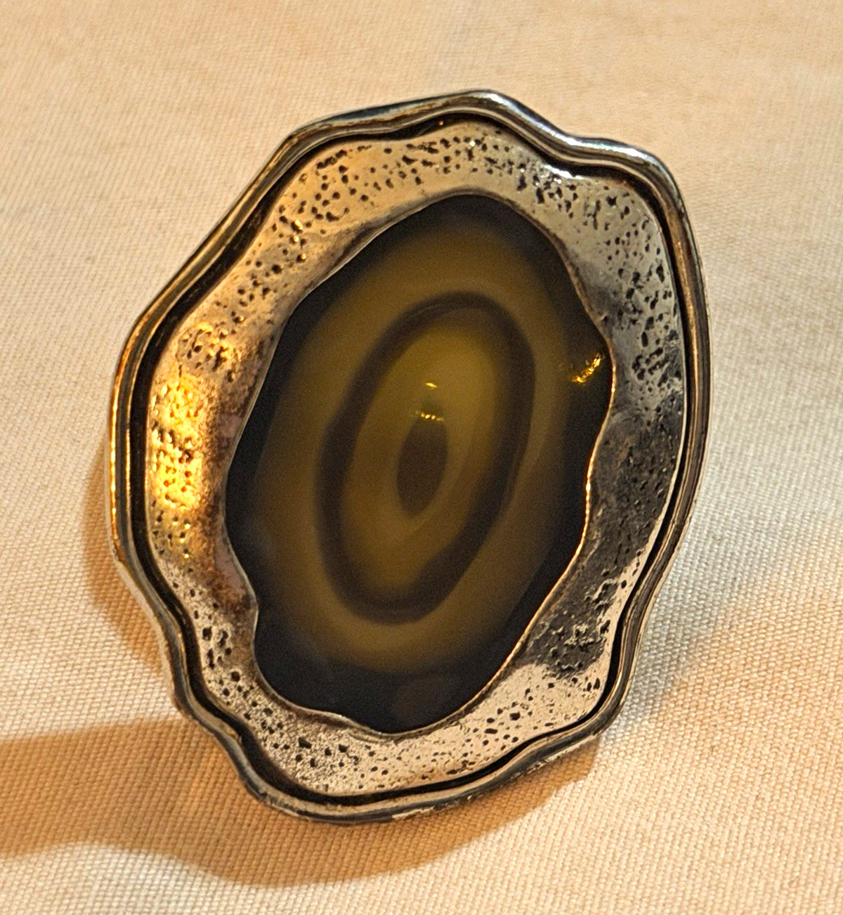 Silver Tone Adjustable Statement Ring Size 8 Oval Brown Agate Bezel Set