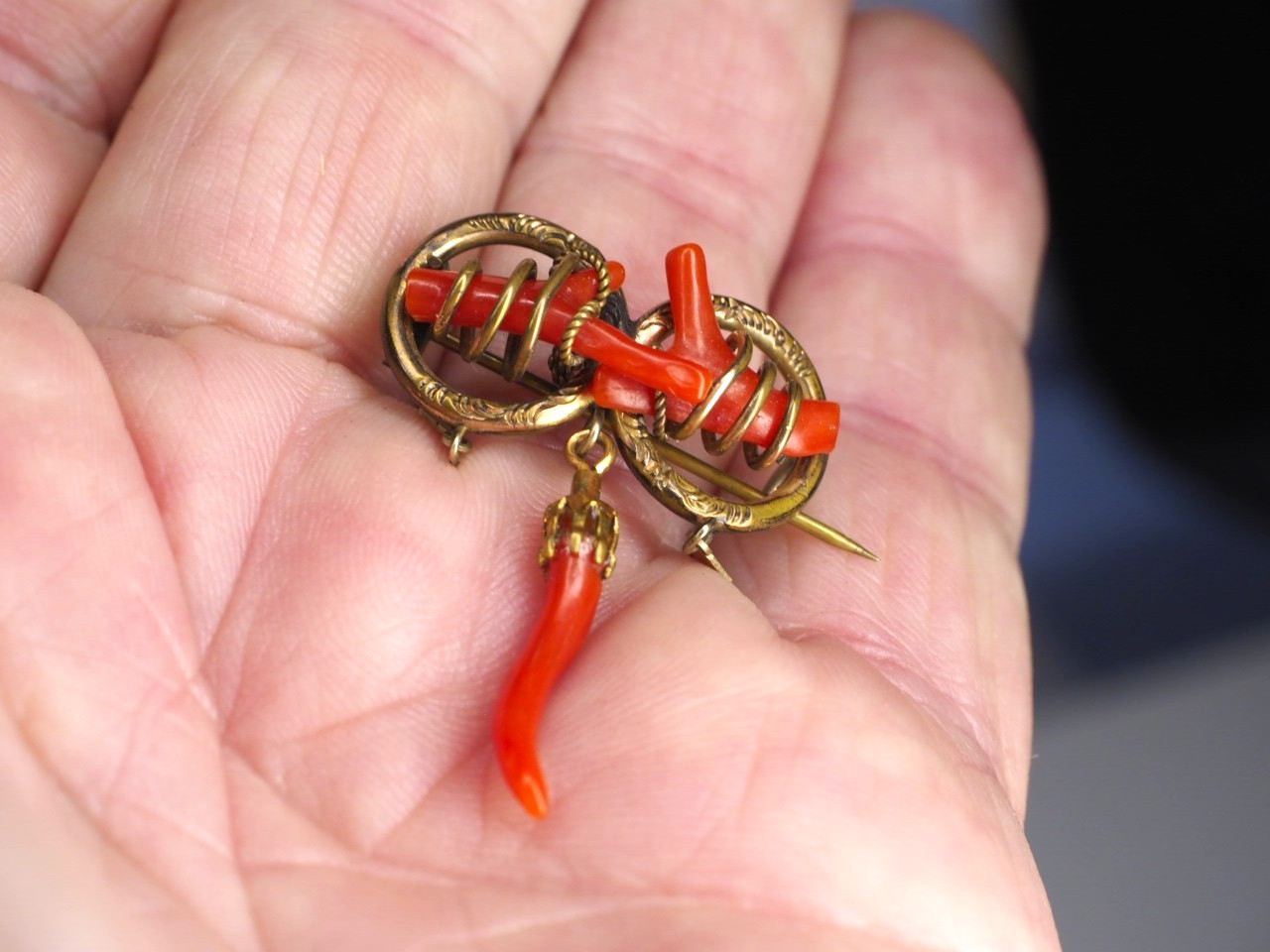 Antique double love knot brooch coral branch pin with dangles C-clasp jewelry