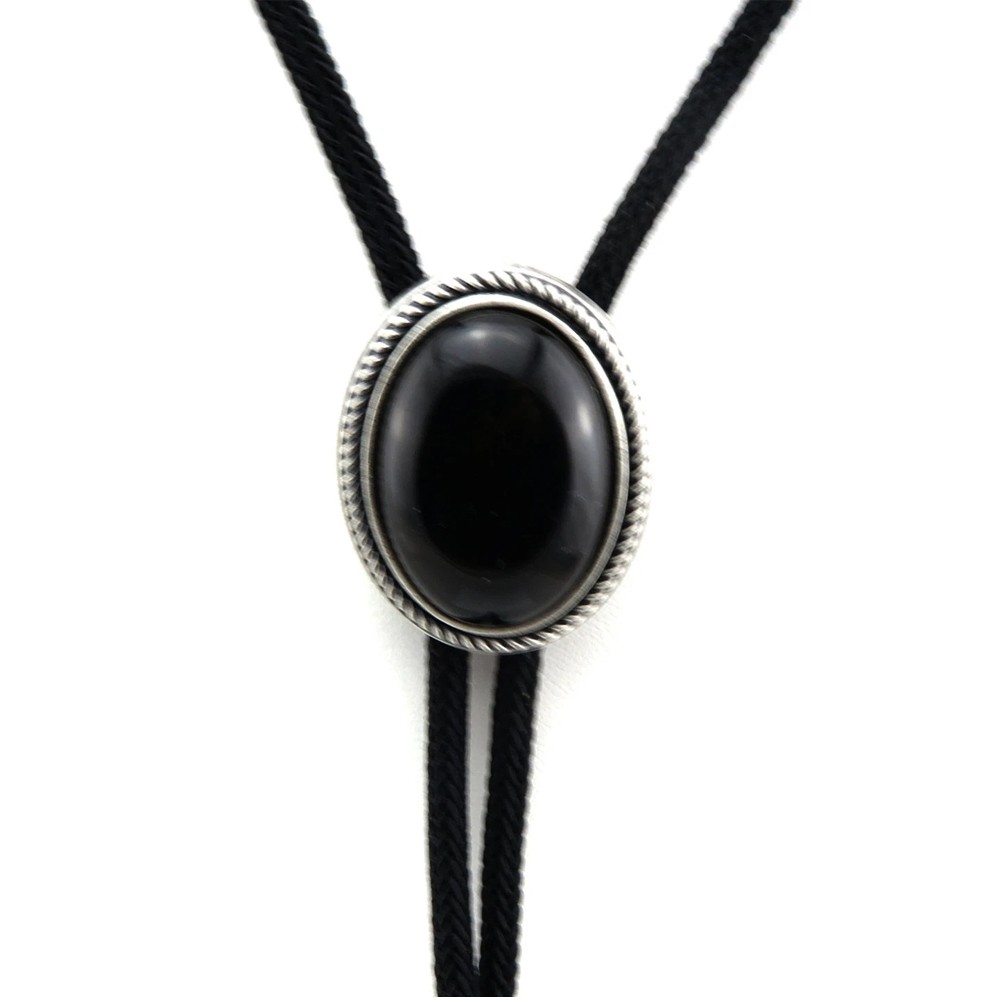 Hand Made Natural Black Stone Western Cowboy Leather Bolo Neck Tie Zinc alloy