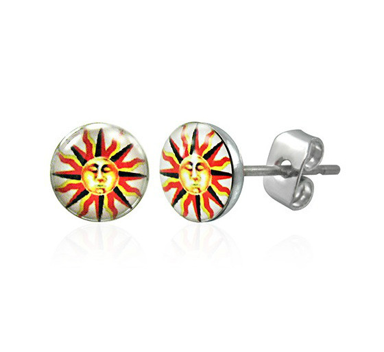 Sun Burst Face Logo Yellow Orange Red Stainless Steel Earrings
