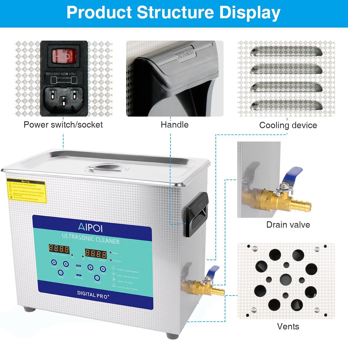 AIPOI 6.5L Ultrasonic Cleaner with Heater Timer & Basket Digital Sonic Machine