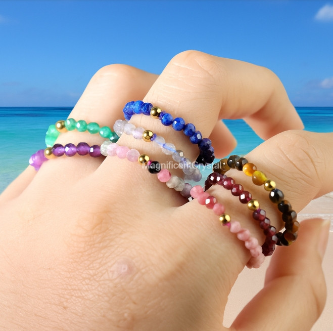 Gemstone Beaded Rings Stackable Natural Crystal Ring Dainty Handmade Jewelry
