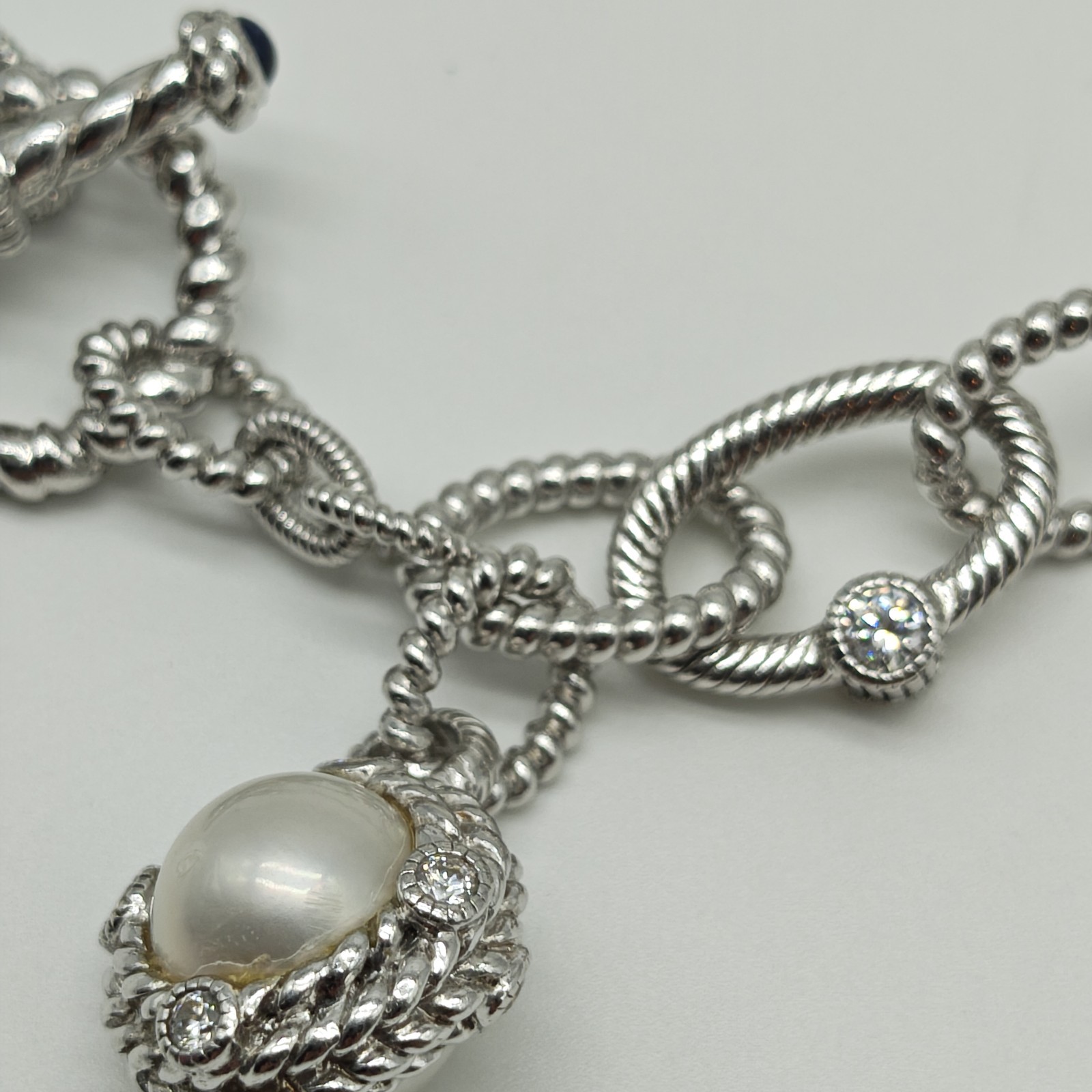 QVC Judith Ripka Sterling Silver 925 Pearl & CZ Station Bracelet 8.25″