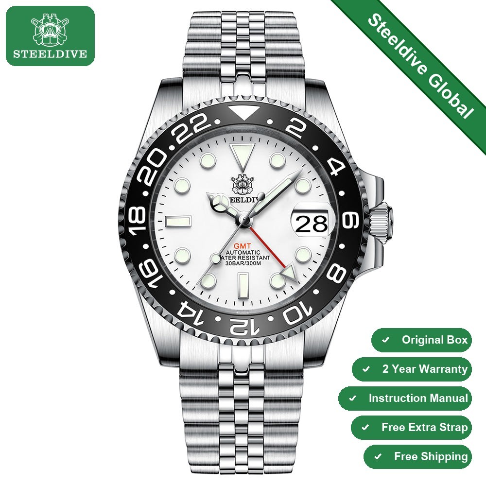 STEELDIVE SD1993 Mens GMT 300M Automatic Dive Watch Steel White