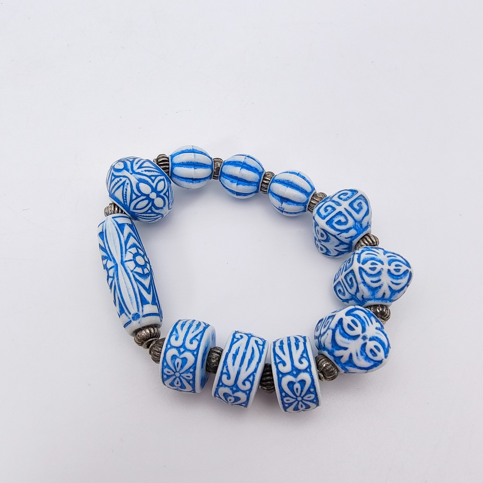 Modern Chinoiserie Style Cuff & Strech Bracelet Lot of 2 Blue White Stackable