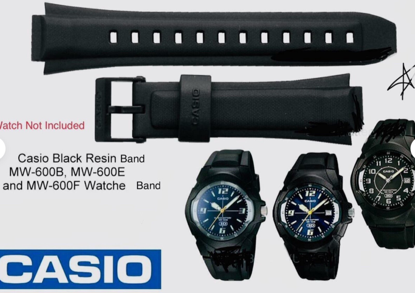 Genuine Casio Watch Band MW600 MW600B MW-600E MW-600F Black Rubber Resin Strap +
