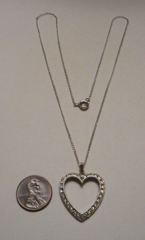 1950s Bogoff Diamante Rhinestone Silver-tone Heart Pendant on 16″ Chain Necklace