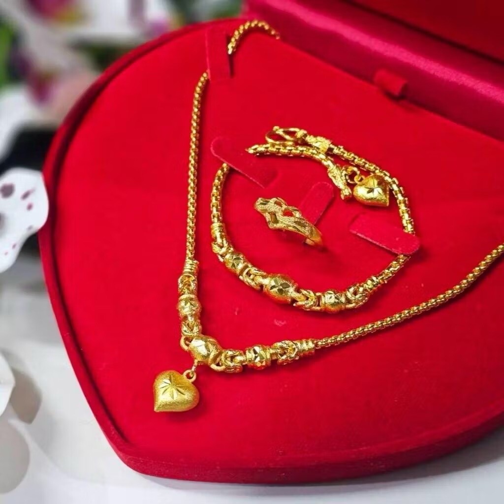 SET Heart 18K 20k 22K 24K YellowGold Necklace 20 inch&bracelet 7 in& ring size7