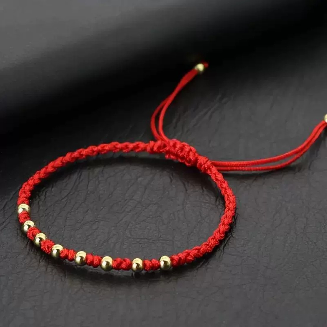 Red Woven Cord Gold-plated Small Round Bead Lucky Bracelet Adjustable Drawstring