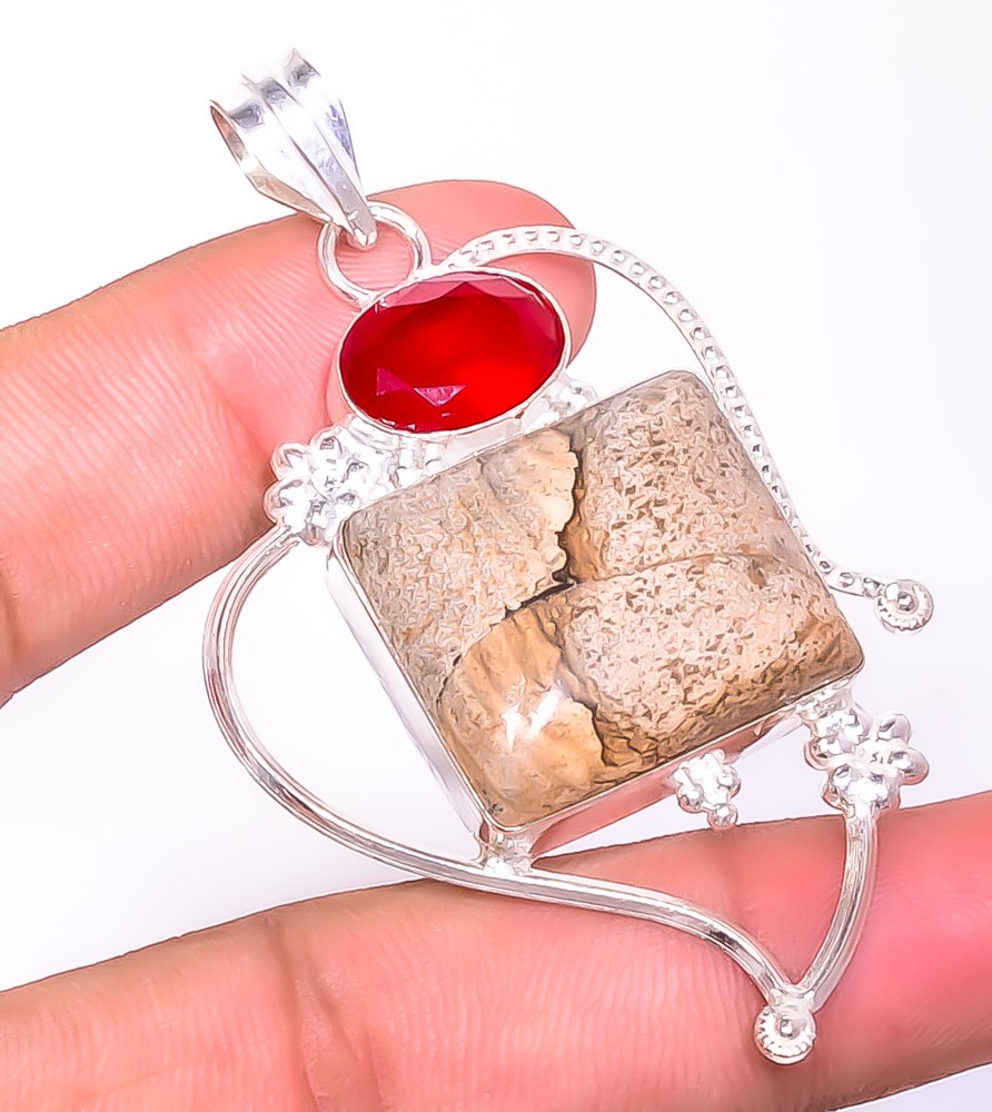Natural Picture Jasper – Oregon, Garnet 925 Silver Plated Pendant 2.73″ P30944