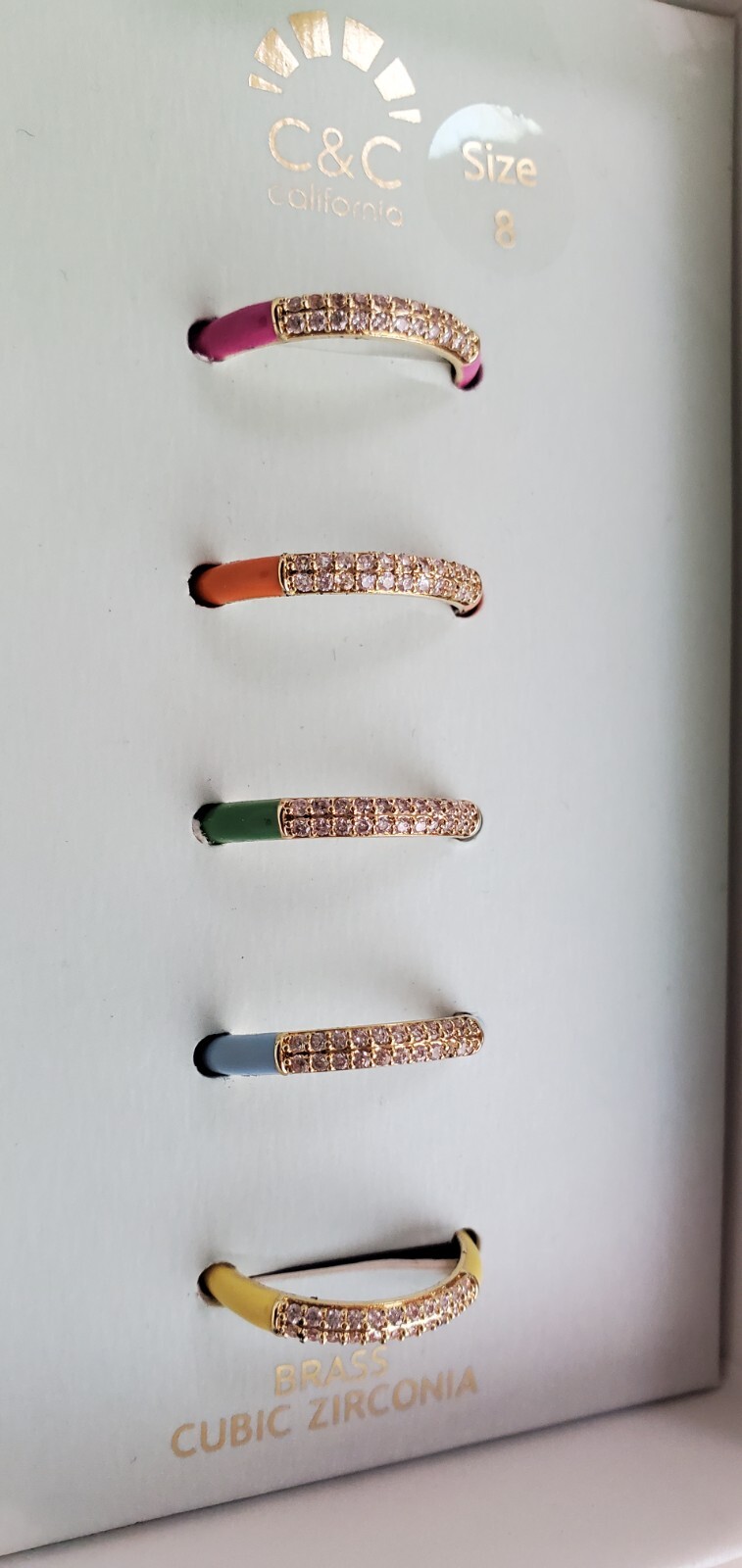 C & C California RING SET Colorful Enamel Brass Cubic Zirconia 5 Rings NEW SZ 8