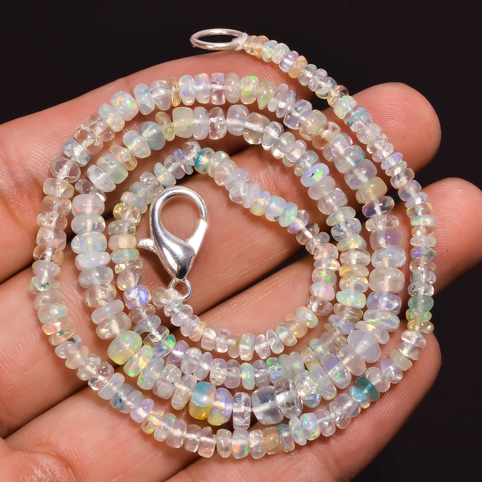 50.5 Ct. Fire White Ethiopian Opal Rondelle Smooth Beads Necklace 18.5″ A-2955