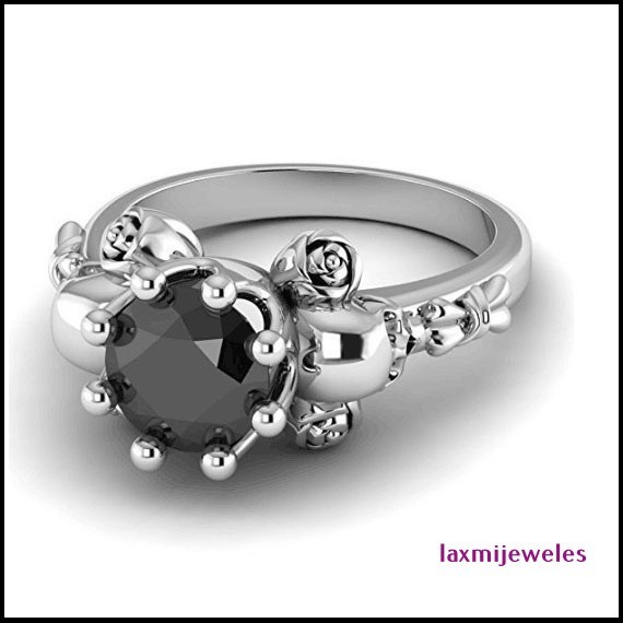 2.4Ct Black Onyx Lab-Created Diamond Skull Ring 925 Silver Gothic Rose Flower