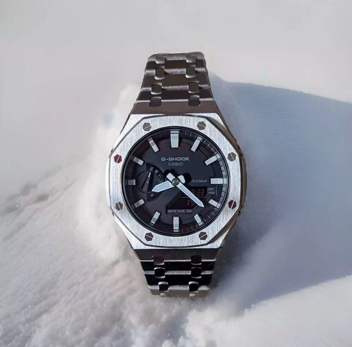 Custom G-Shock Casioak GA-2100 Watch Silver Strap Black Mod