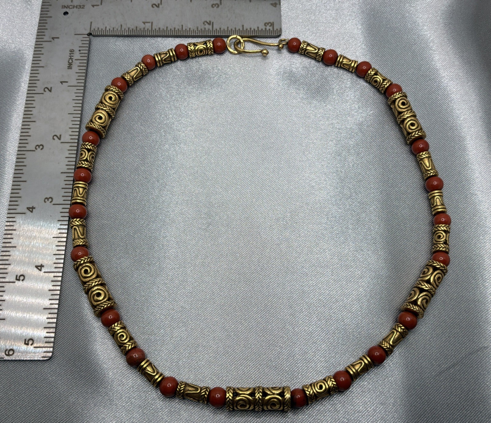 Etruscan Byzantine Beaded Necklace Gold Tone Rust Red Jasper Signed MMA