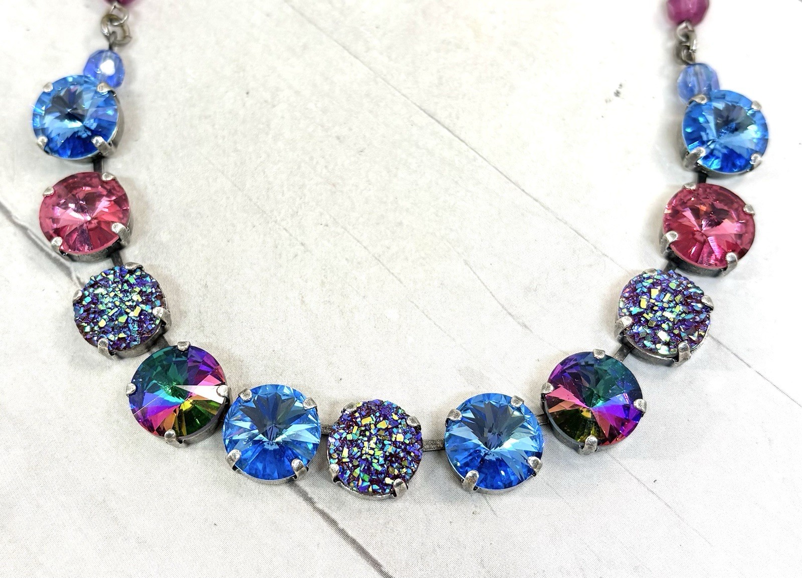 12mm Antique Silver Plated Ice Blue And Pink Druzy Cup Chain Statement Necklace